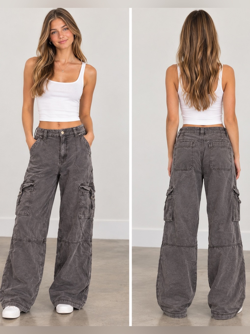 American Eagle Outfitters Wide Leg Cargo Buckle Pants in Charcoal/Washed Black 2